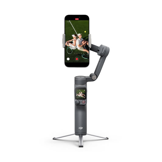 DJI Osmo Mobile 8P gray smartphone gimbal with built-in touchscreen and three-legged stand