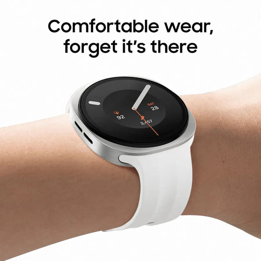 Galaxy Watch9 silver aluminum white strap comfortable wrist fit Nuvana Tech
