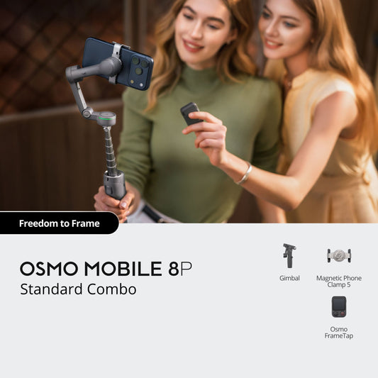 Nuvana Tech DJI Osmo Mobile 8P gray gimbal with detachable FrameTap remote for solo creators