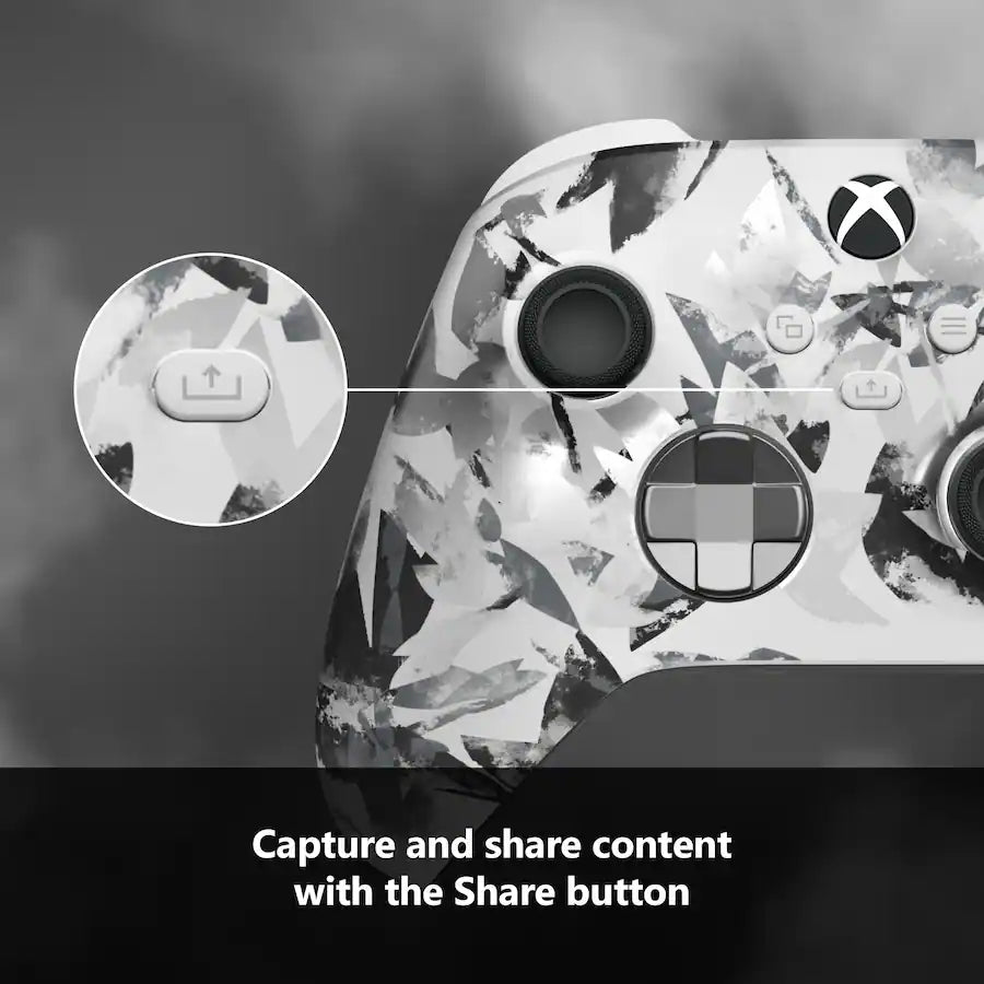 Nuvana Tech Xbox Storm Breaker controller Share button close-up with abstract leaf pattern