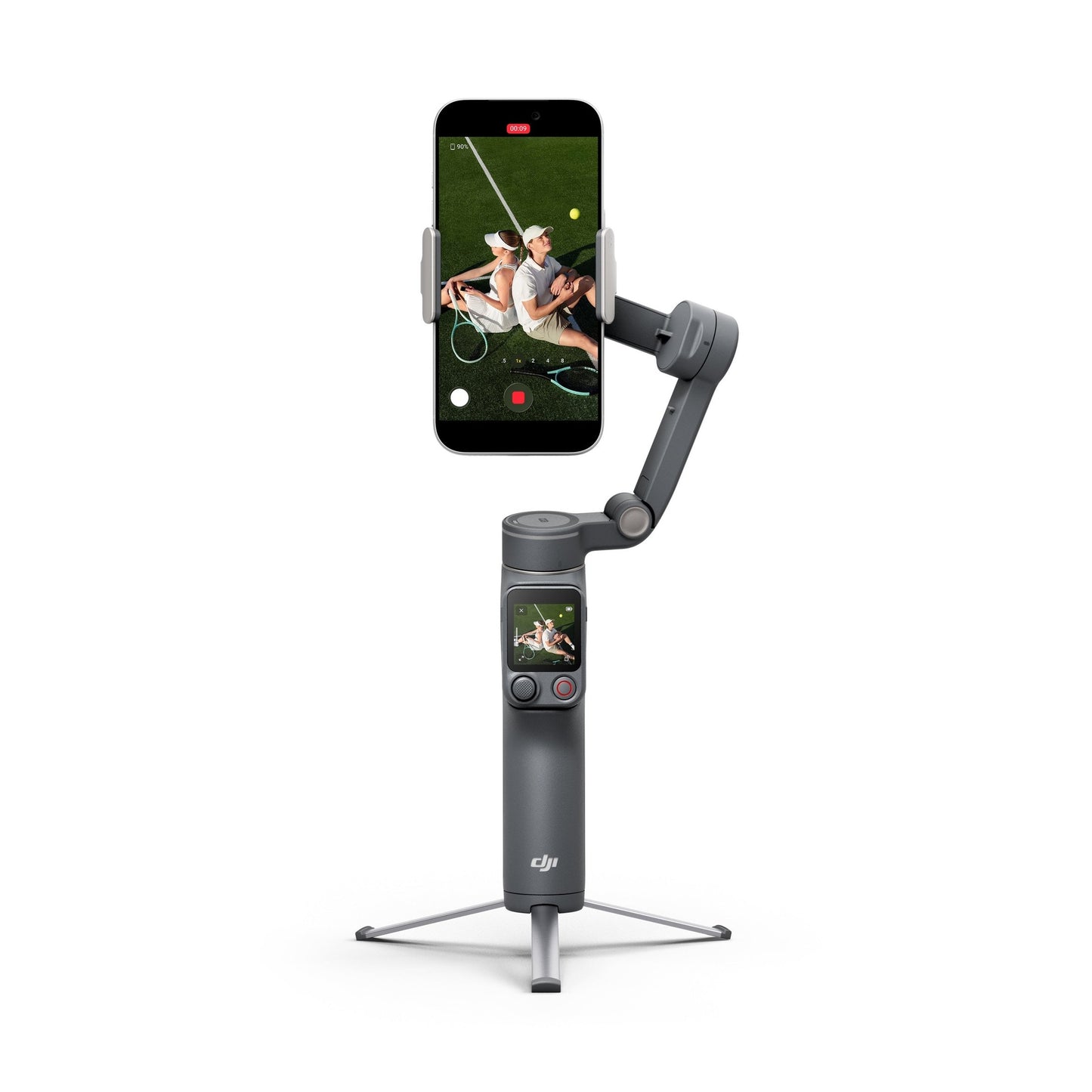 DJI Osmo Mobile 8P gray smartphone gimbal with built-in touchscreen and three-legged stand