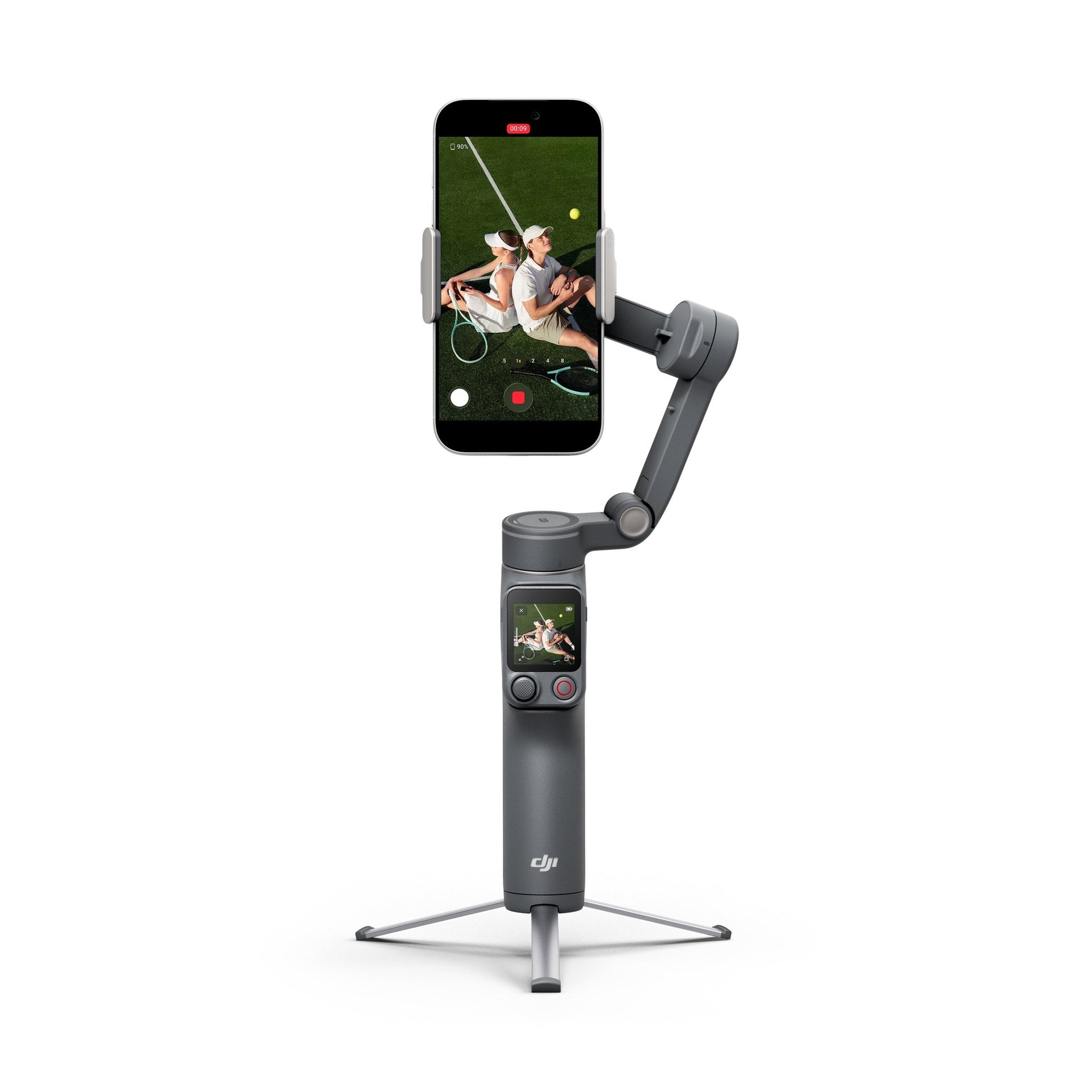 DJI Osmo Mobile 8P gray smartphone gimbal with built-in touchscreen and three-legged stand