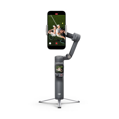 DJI Osmo Mobile 8P gray smartphone gimbal with built-in touchscreen and three-legged stand