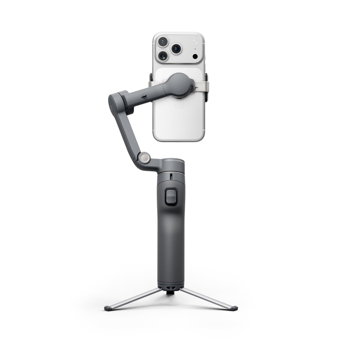 Gray DJI Osmo Mobile 8P Pro gimbal standing on tripod highlighting folding design stability