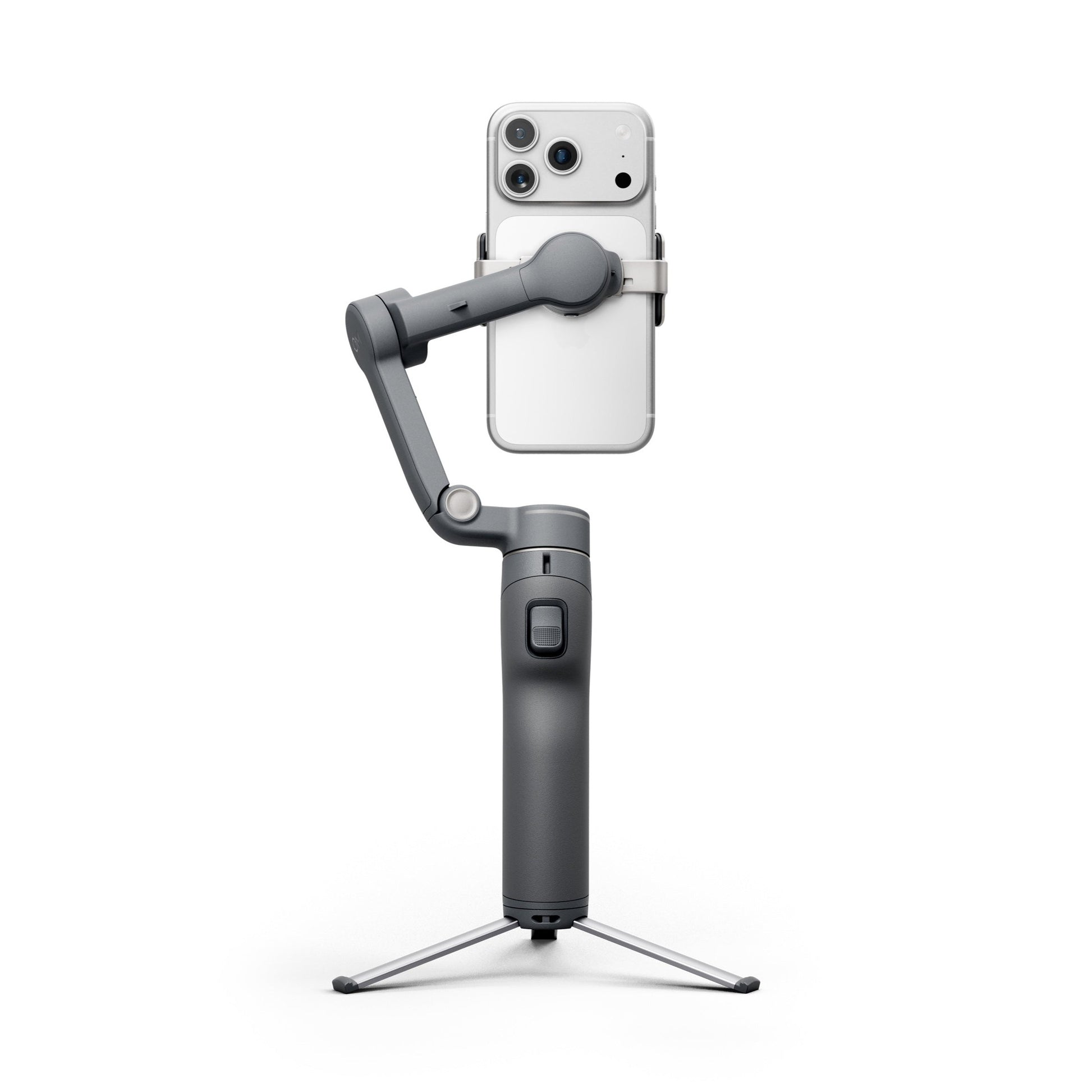 Gray DJI Osmo Mobile 8P Pro gimbal standing on tripod highlighting folding design stability