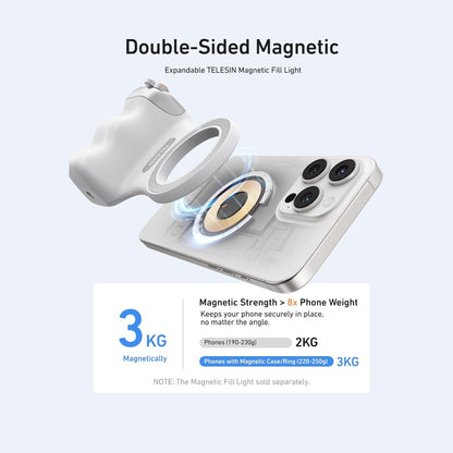 TELESIN Fun Shot Magnetic Phone Camera Grip + C03 Magnetic Selfie Light (Silver) Bundle Kit Compatible with iPhone Magsafe & Android