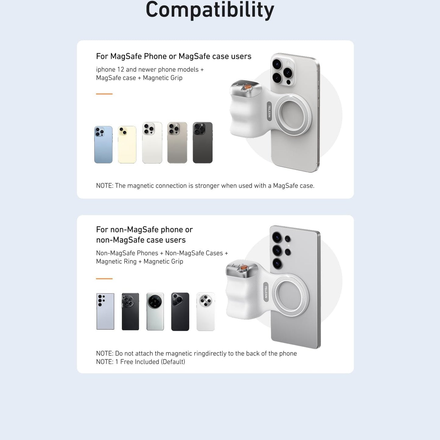 TELESIN Fun Shot Magnetic Phone Camera Grip + C03 Magnetic Selfie Light (Silver) Bundle Kit Compatible with iPhone Magsafe & Android