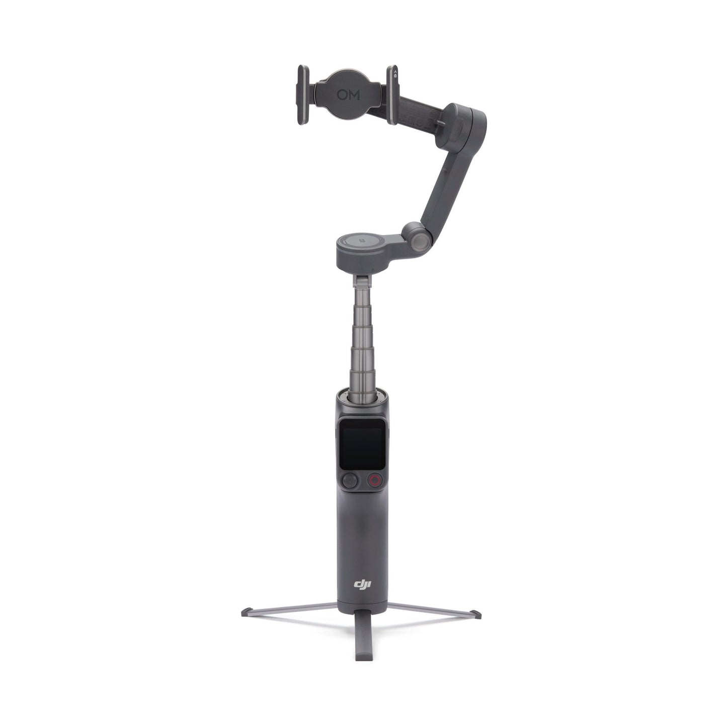 Extended DJI Osmo Mobile 8P gimbal showing deployed tripod base and control buttons