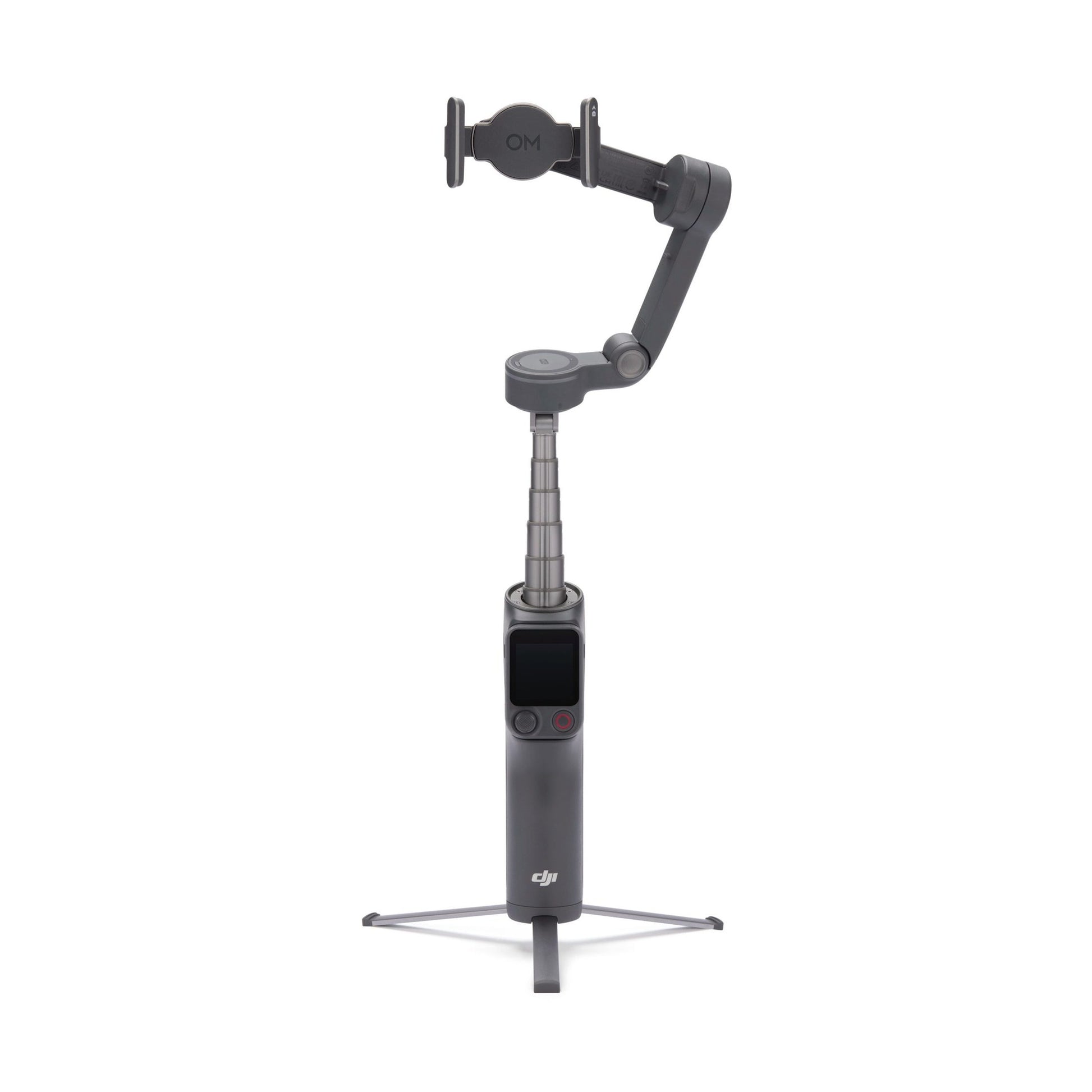 Extended DJI Osmo Mobile 8P gimbal showing deployed tripod base and control buttons