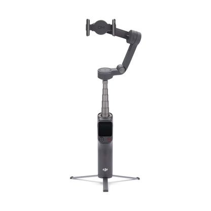 Extended DJI Osmo Mobile 8P gimbal showing deployed tripod base and control buttons