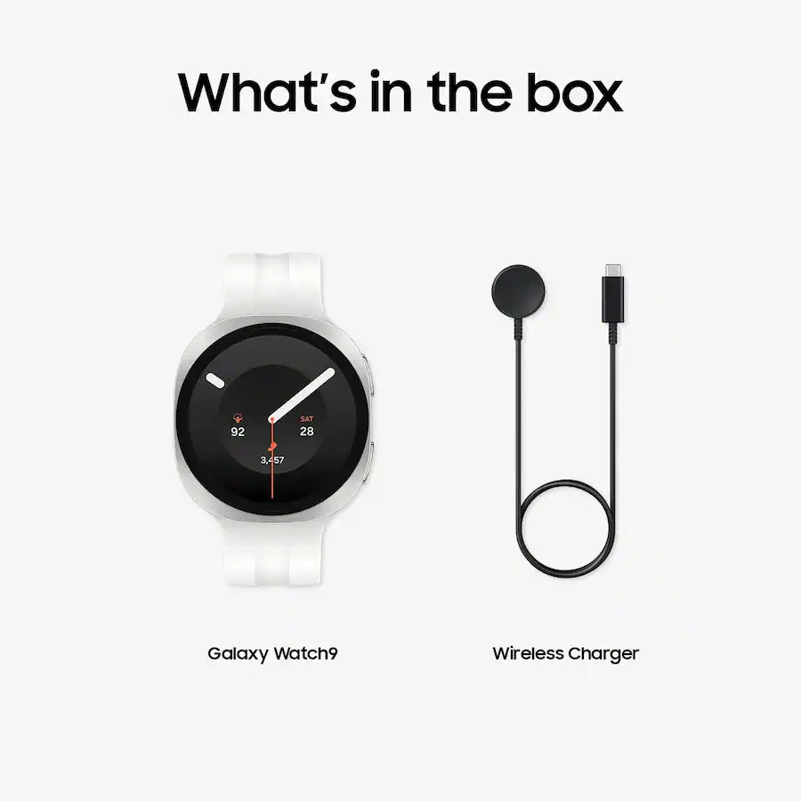 Galaxy Watch9 box contents wireless charger silver aluminum white strap Nuvana Tech