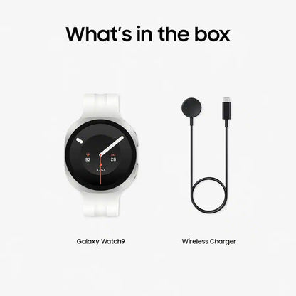 Galaxy Watch9 box contents wireless charger silver aluminum white strap Nuvana Tech