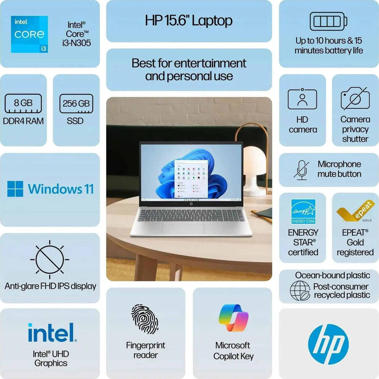 HP 15.6 inch (1920x1080) FHD IPS Display Laptop, Intel Core i3-N305 Processor, 8GB RAM - 256GB NVMe SSD, Windows 11 Home - Natural Silver