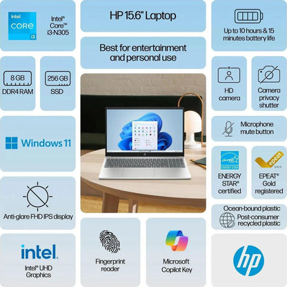 HP 15.6 inch (1920x1080) FHD IPS Display Laptop, Intel Core i3-N305 Processor, 8GB RAM - 256GB NVMe SSD, Windows 11 Home - Natural Silver