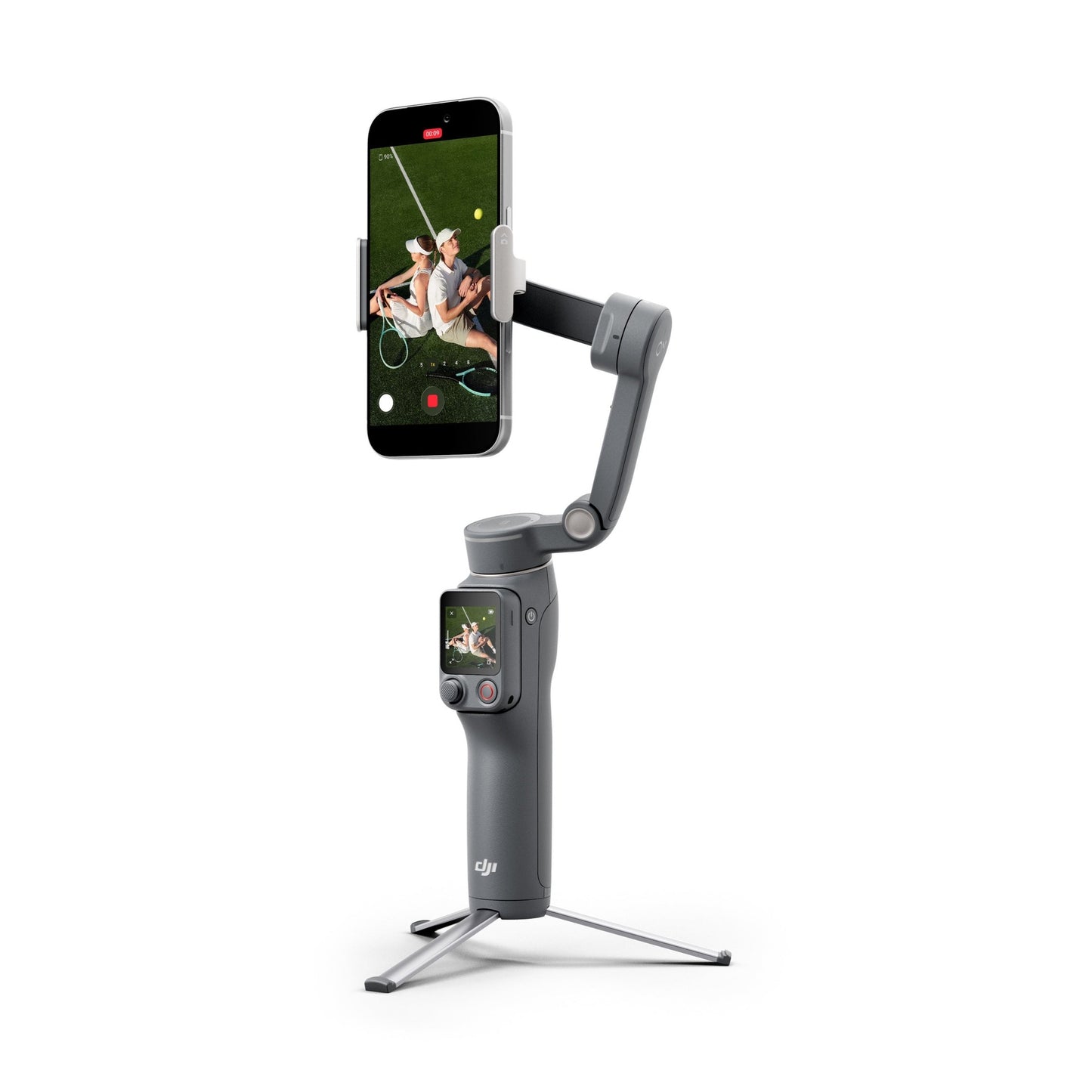 DJI Osmo Mobile 8P gimbal live feed view on handle screen with mounted smartphone