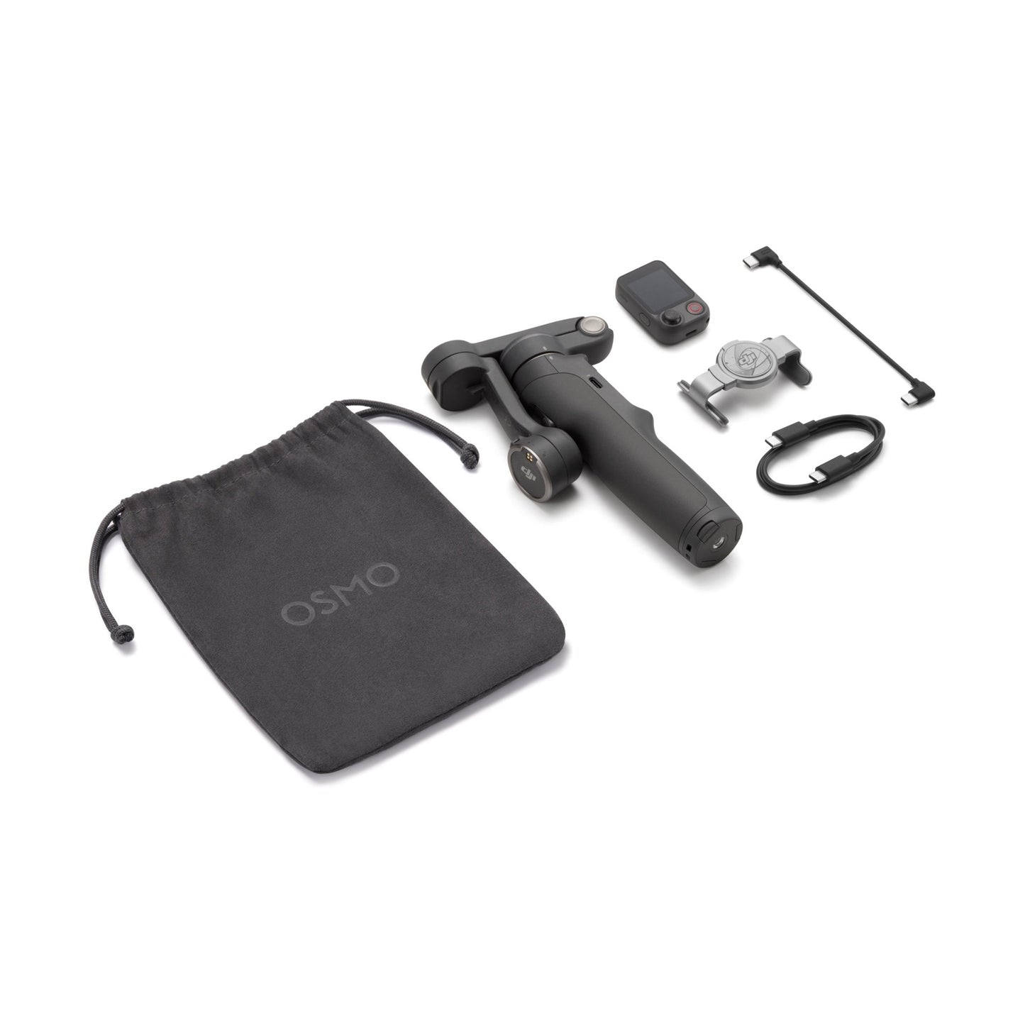 Overhead view of DJI Osmo Mobile 8P Pro kit with L-shaped adapter and microfiber pouch