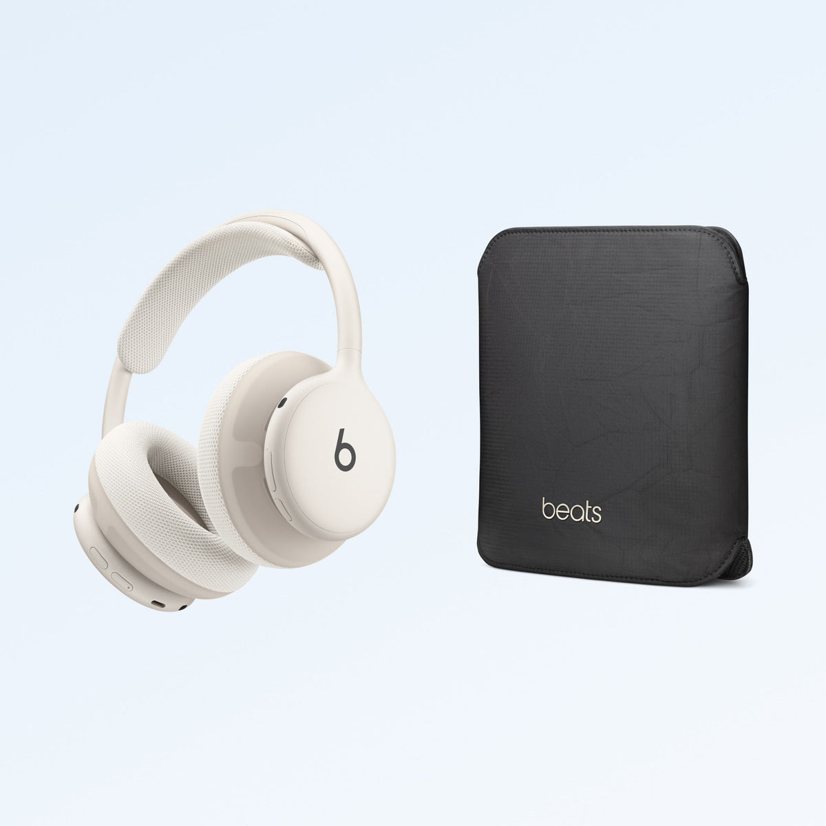 Cream-colored Beats 360 headphones with carrying case for storage