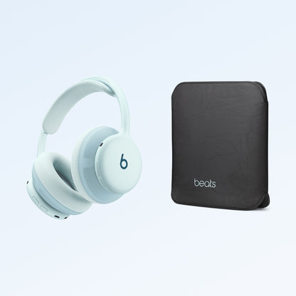 Light blue Beats 360 headphones displayed with black fabric carrying case