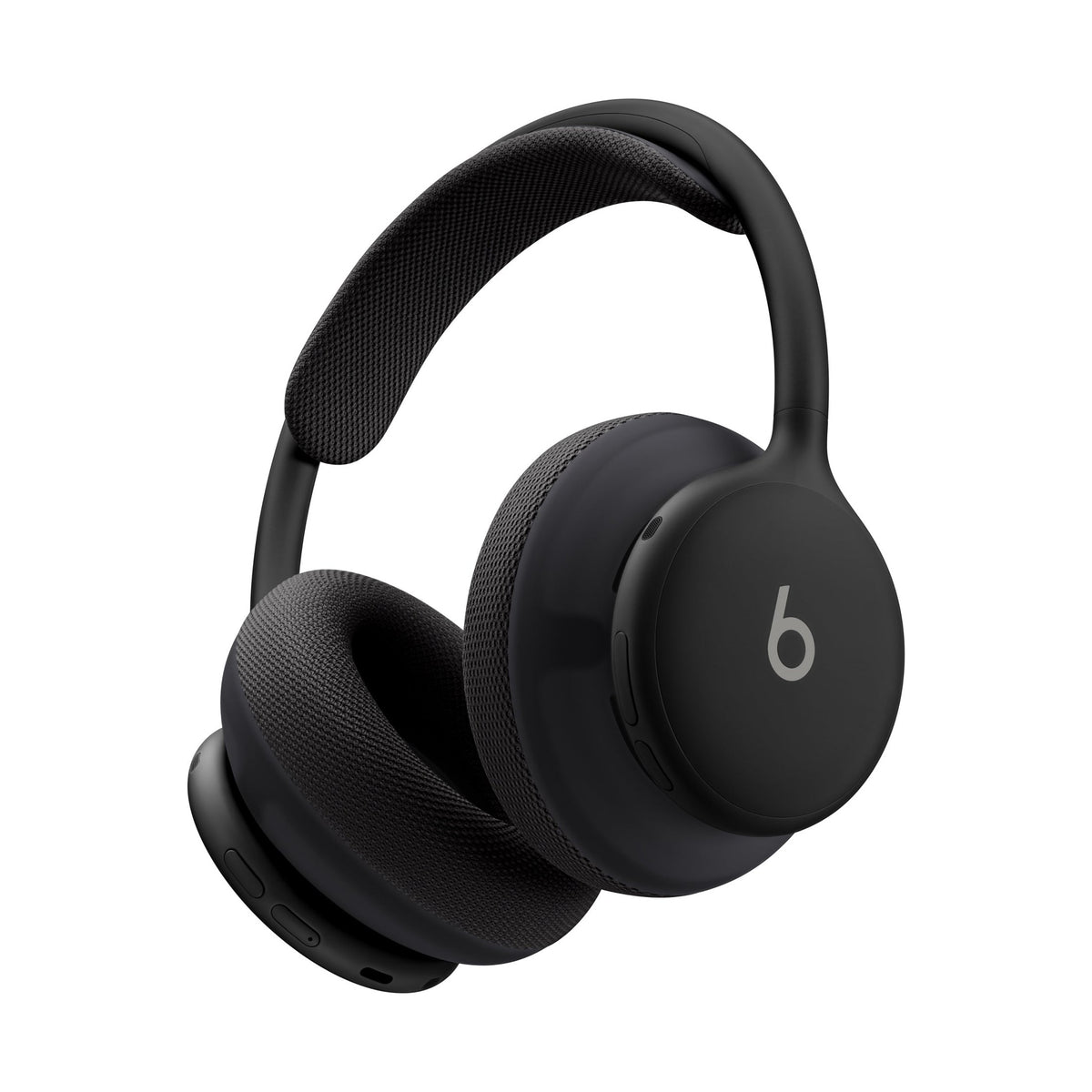 Black Beats 360 headphones three-quarter angle showing glossy shell and knit pads