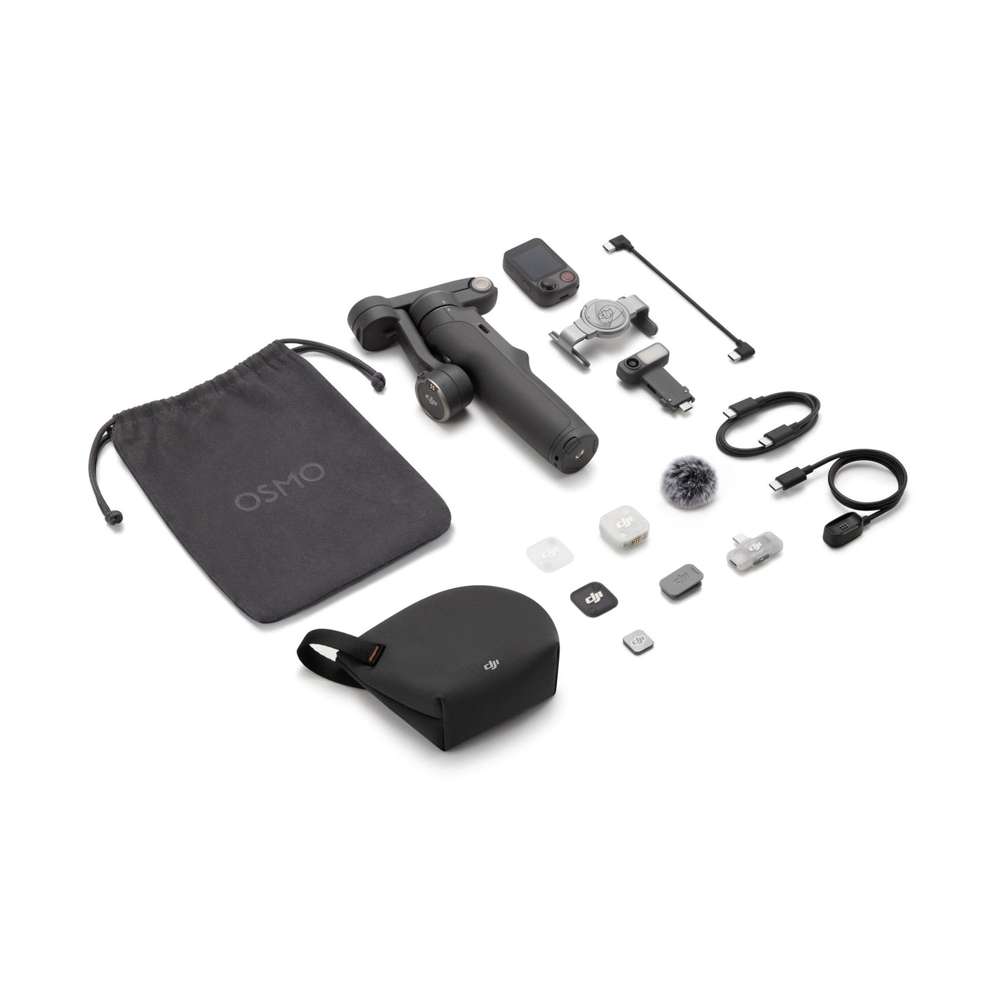 DJI Osmo Mobile 8P kit flat lay including mic, pouch, and magnetic phone clamp accessories