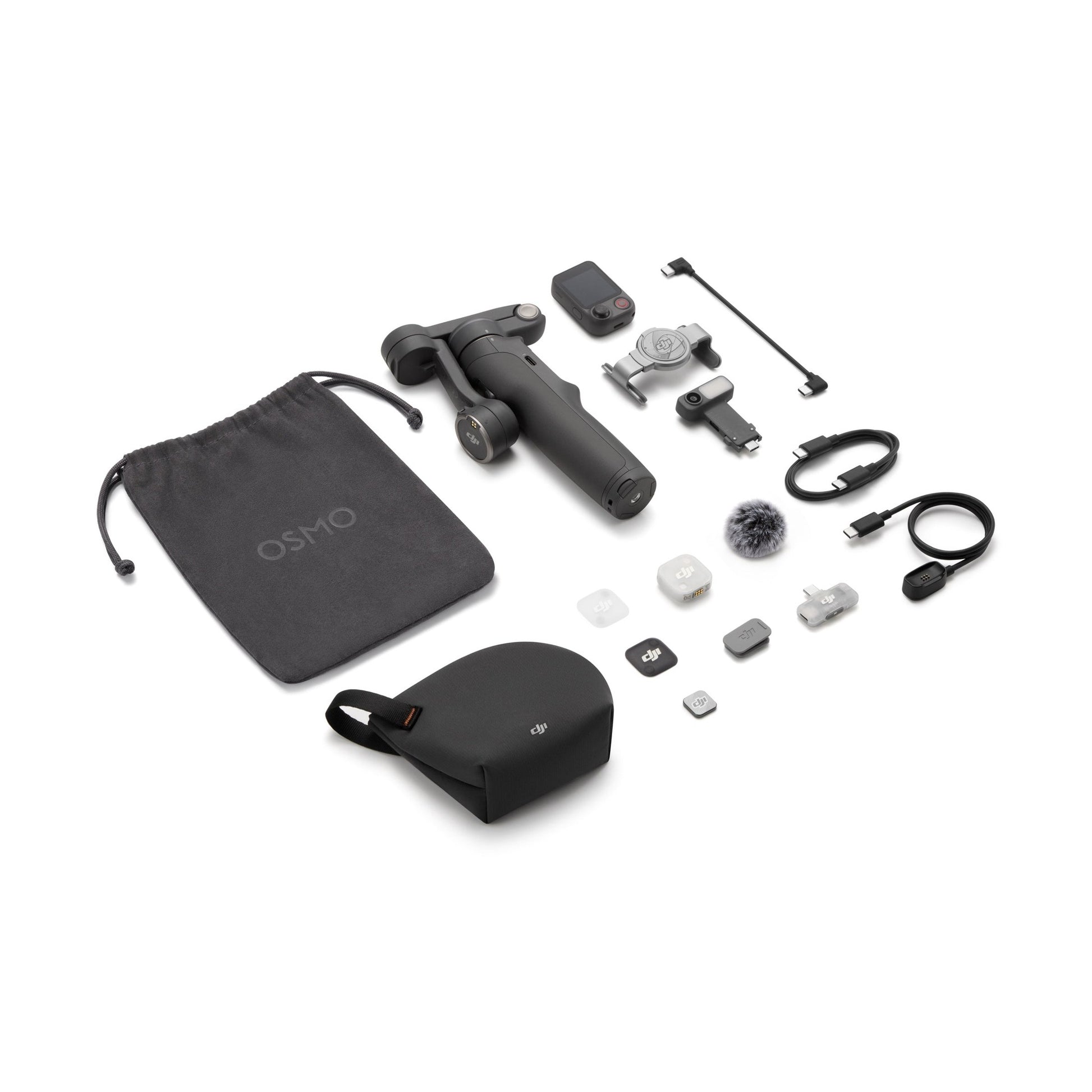 DJI Osmo Mobile 8P kit flat lay including mic, pouch, and magnetic phone clamp accessories