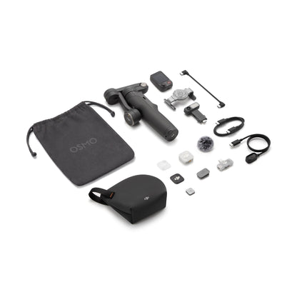 DJI Osmo Mobile 8P kit flat lay including mic, pouch, and magnetic phone clamp accessories