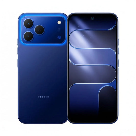 Blue smartphone showing front and back views on a white background
