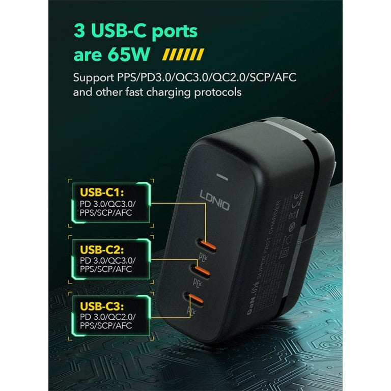 Nuvana Tech Nigeria LDNIO - 65W 3-PORT GaN Charging Adapter with replaceable plugs UK/EU/US