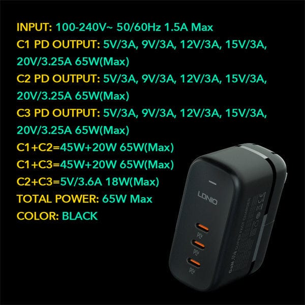 Nuvana Tech Nigeria LDNIO - 65W 3-PORT GaN Charging Adapter with replaceable plugs UK/EU/US