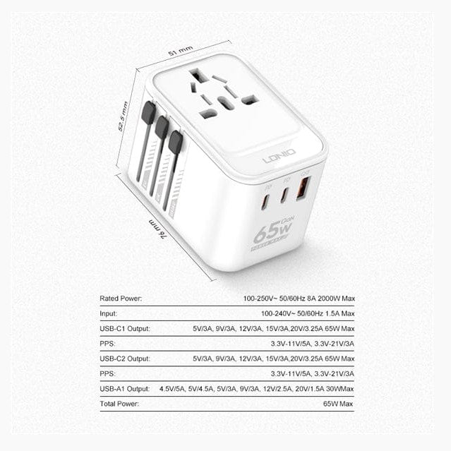 Nuvana Tech Nigeria LDNIO - 65W 3-PORT GaN Travel Converter Adapter UK/US/AU/EU