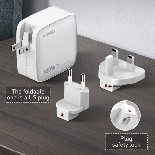 LDNIO - 100W 4-PORT GaN Charging Adapter with replaceable plugs (UK/EU/US) - Nuvana Tech Nigeria